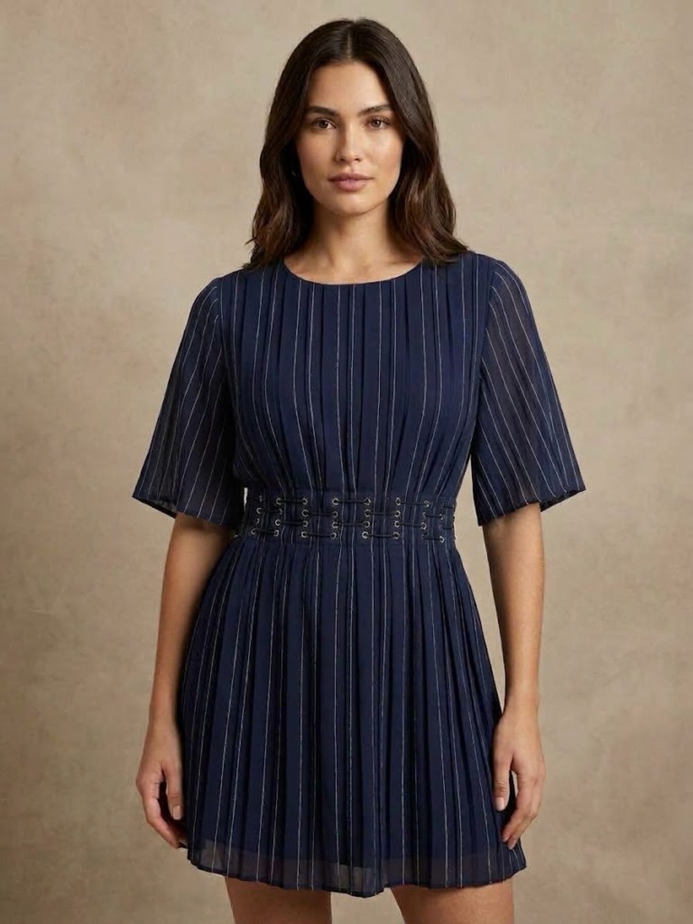 Tularosa Navy Pinstripe Dress with Corset Eyelet Waist